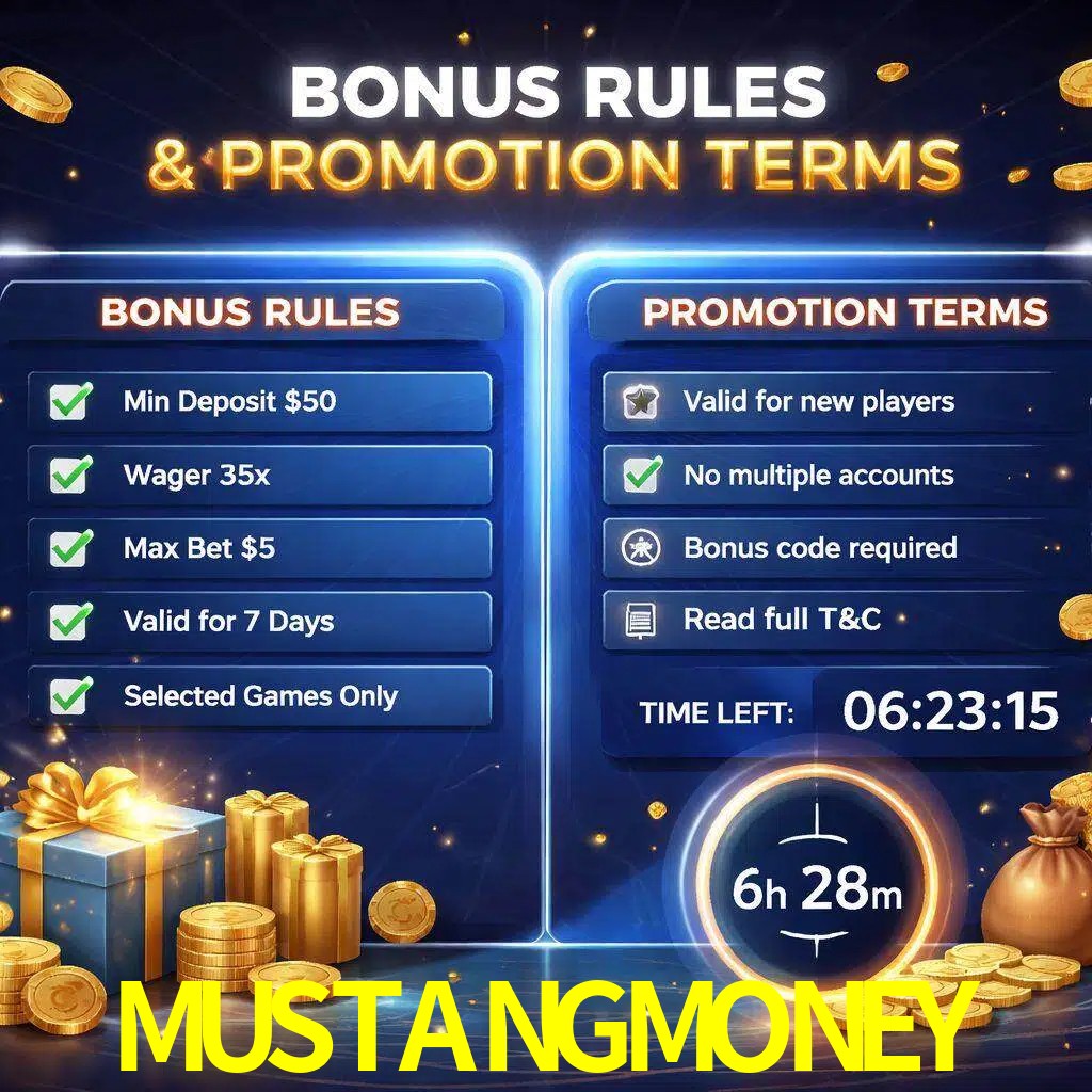 Reglas de promoción MUSTANGMONEY y condiciones de bonos explicadas visualmente