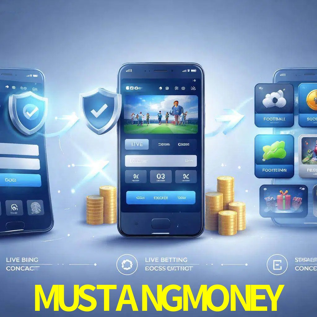 Pasos de acceso a la app MUSTANGMONEY en pantalla de teléfono móvil