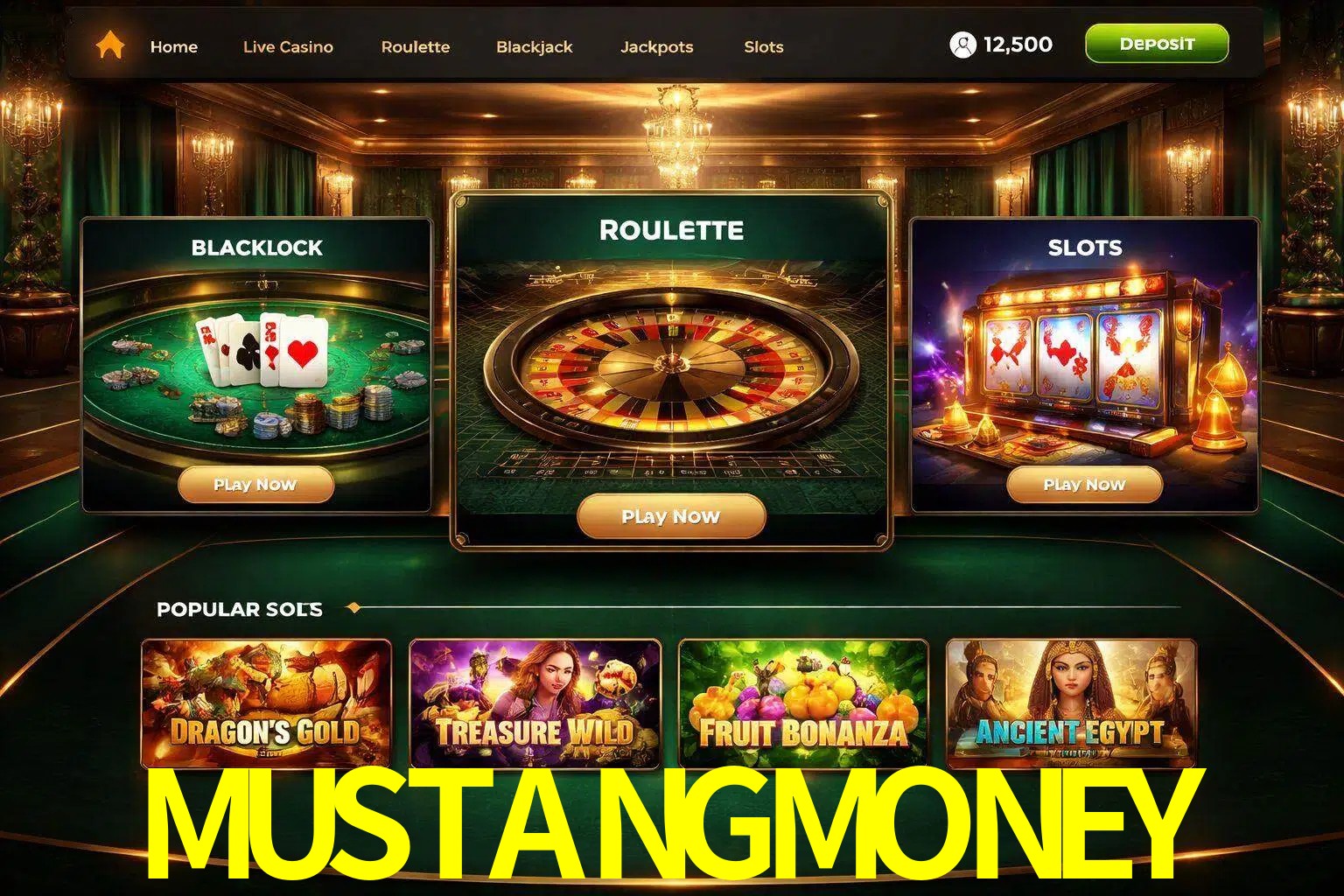 Vista de la plataforma MUSTANGMONEY Casino mostrando categorías organizadas de juegos en línea