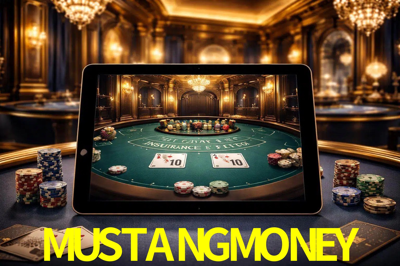 Configuración moderna de casino en vivo con una tableta mostrando una mesa de blackjack, luces cálidas de estudio y una atmósfera elegante de juegos digitales.
