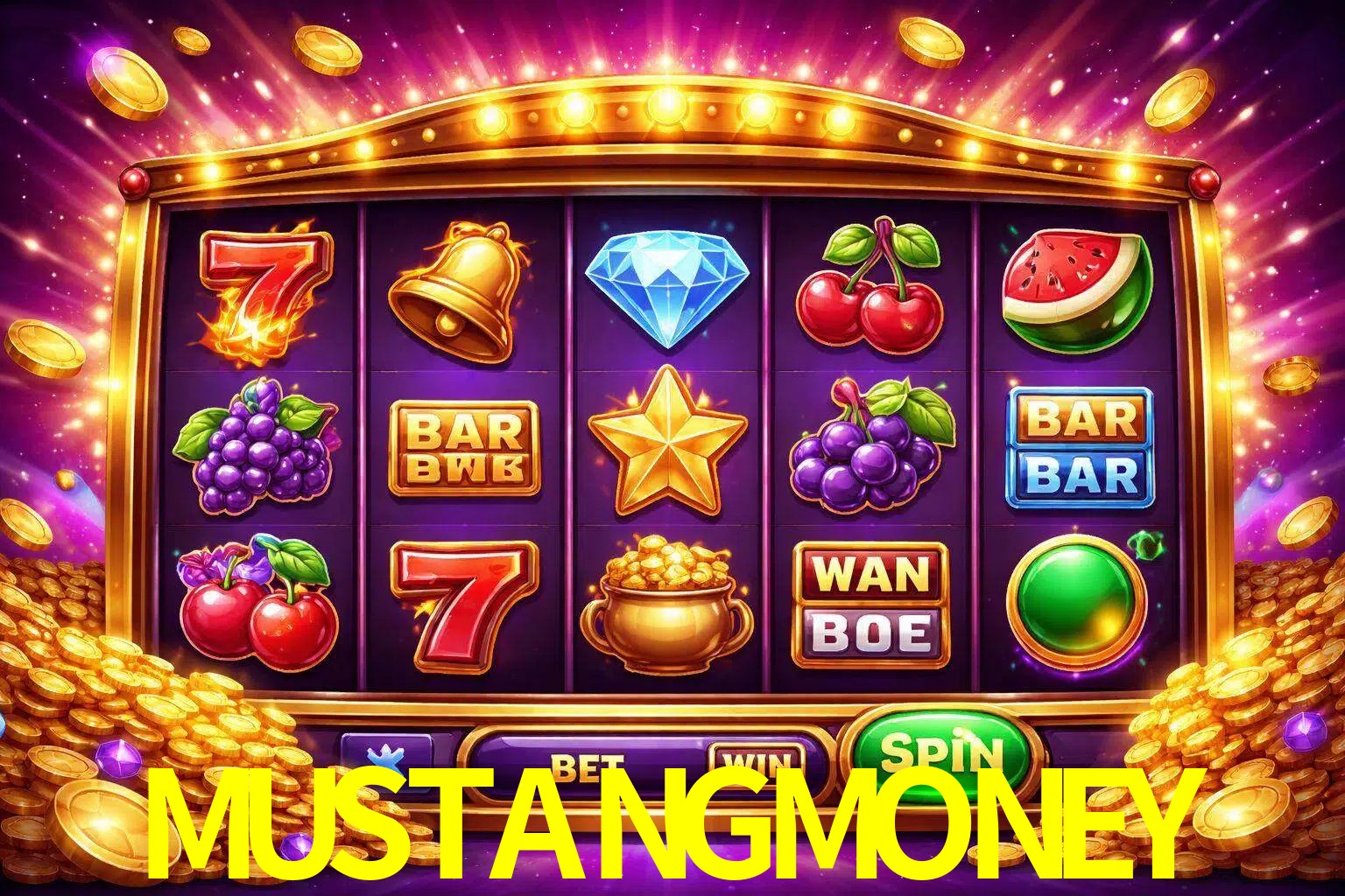Una interfaz colorida de tragamonedas en línea con símbolos brillantes, monedas y un efecto de victoria celebratoria en MUSTANGMONEY.
