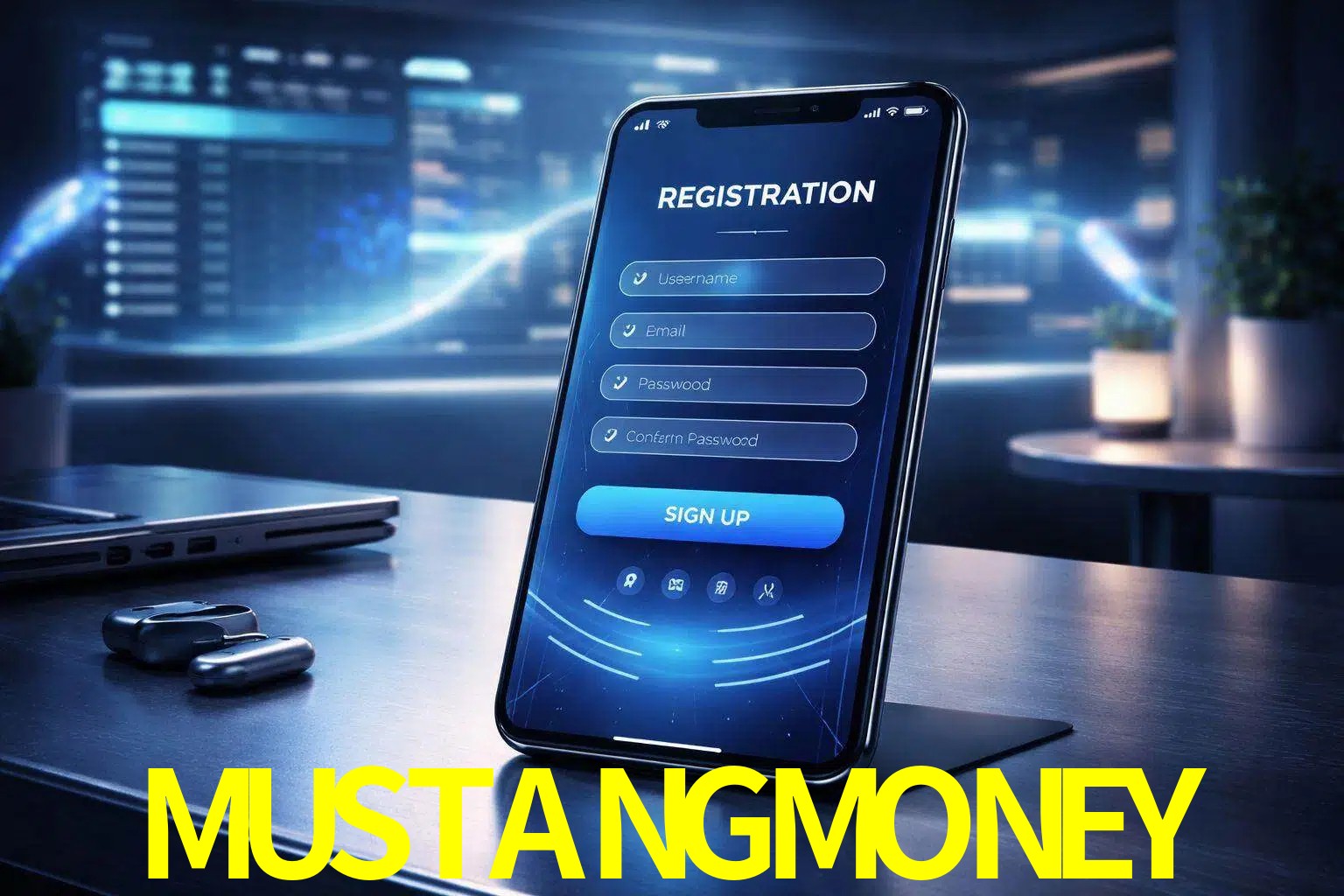 Una interfaz moderna de registro móvil para MUSTANGMONEY mostrada en un smartphone con un panel de apuestas elegante.